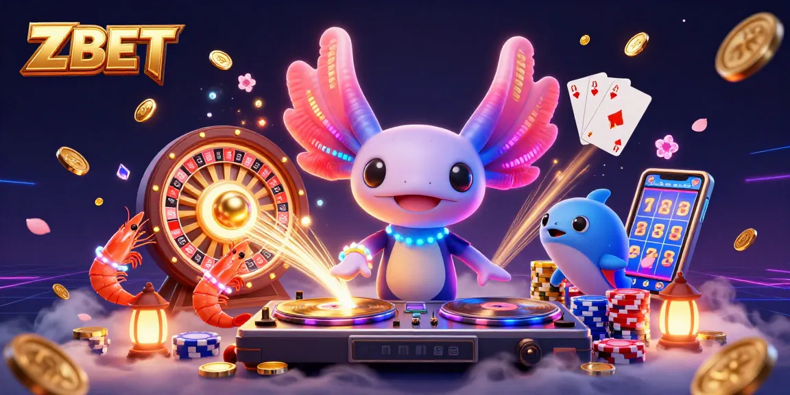 ZBET showcases thrilling casino games like colorful poker and vibrant roulette in a dynamic neon scene.