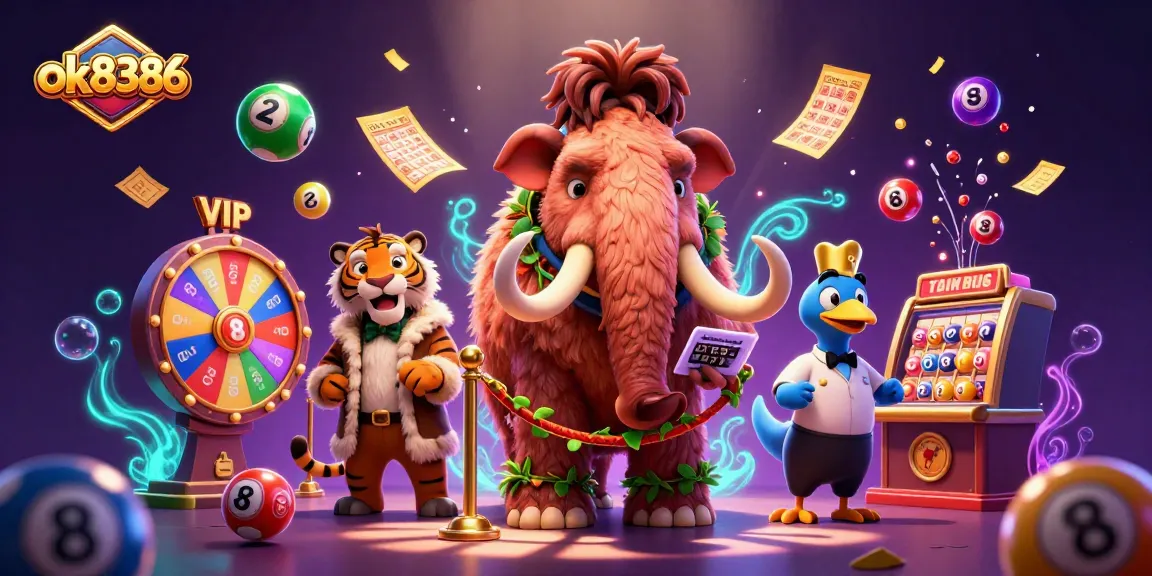 Experience the thrill at ok8386 with vibrant lottery elements and lively characters in a dazzling casino scene.