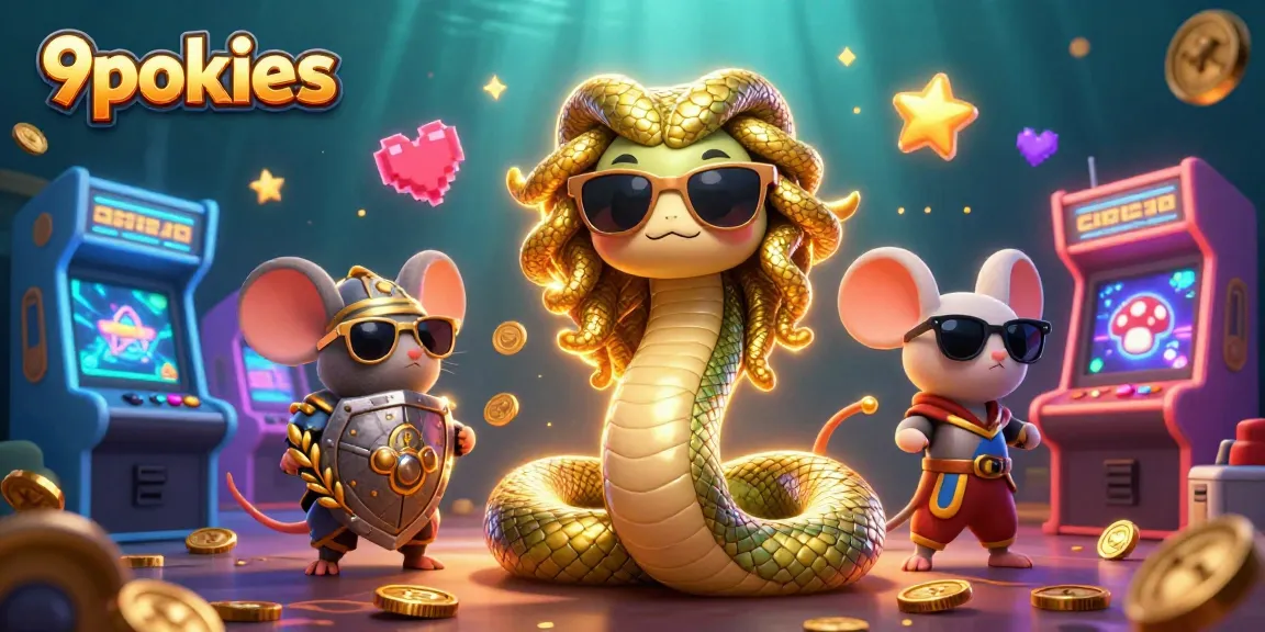 Engage with 9pokies in a vibrant 3D casino scene featuring Medusa and playful game elements.