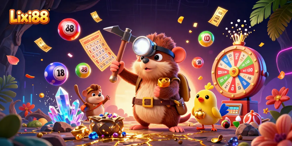 Engage with Lixi88's vibrant online gaming world featuring colorful lottery elements and animated treasure mining fun.