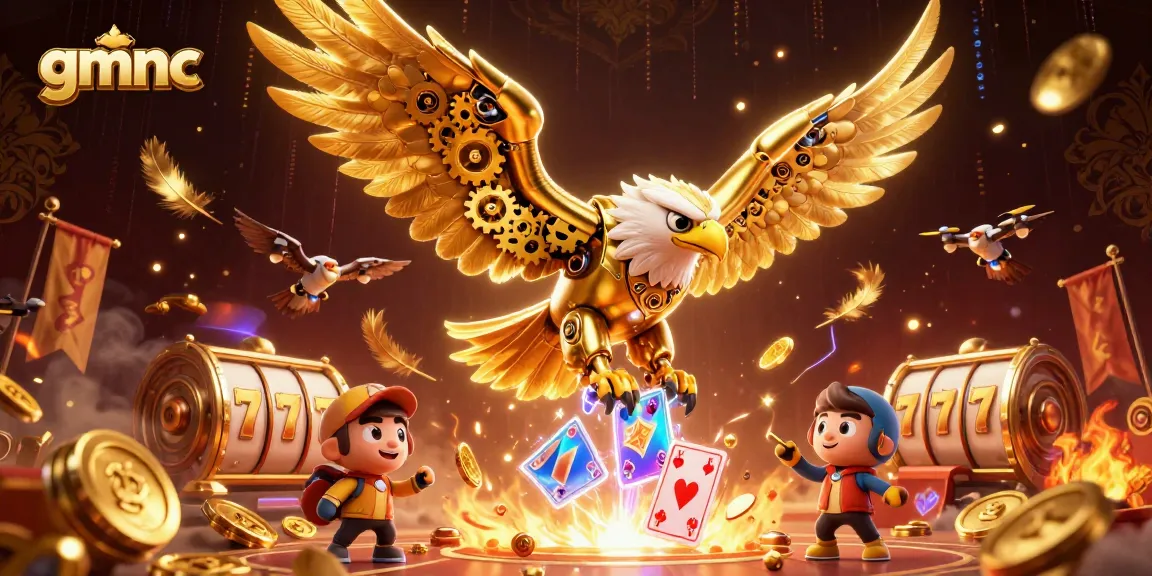 Experience thrilling gameplay with GMNC, as a cybernetic eagle dives amidst holographic playing cards and golden tokens.