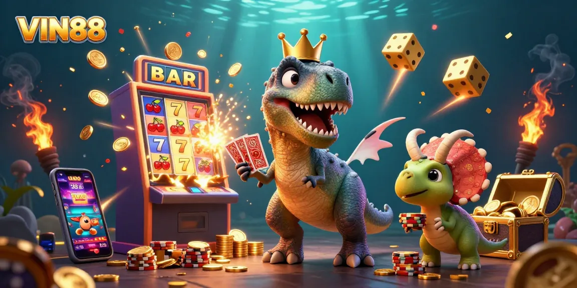 VIN88 celebrates casino excitement with a cartoon T-Rex shuffling cards and vibrant game elements.