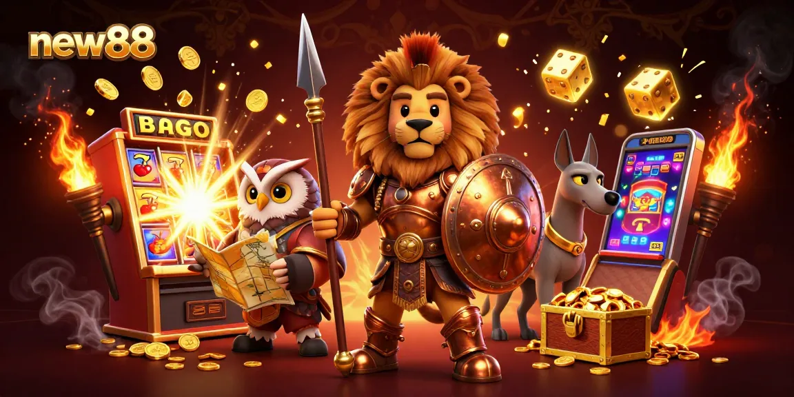Experience thrilling wins at new88 with an energetic scene of a Spartan lion and gaming elements.