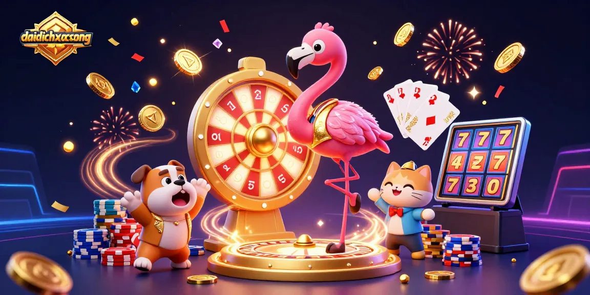 Experience daidichxacsong thrills as a flamingo host spins the prize wheel amidst flying coins and gems.