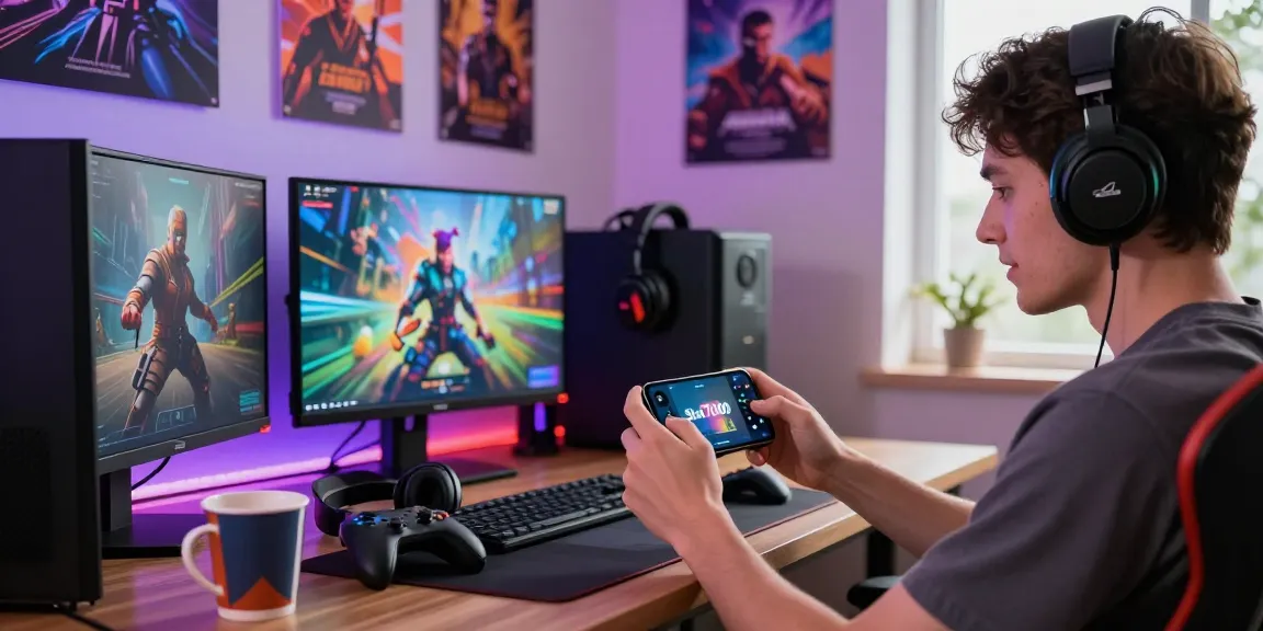 Slot7000 gaming experience with smartphone and accessories in vibrant digital environment.