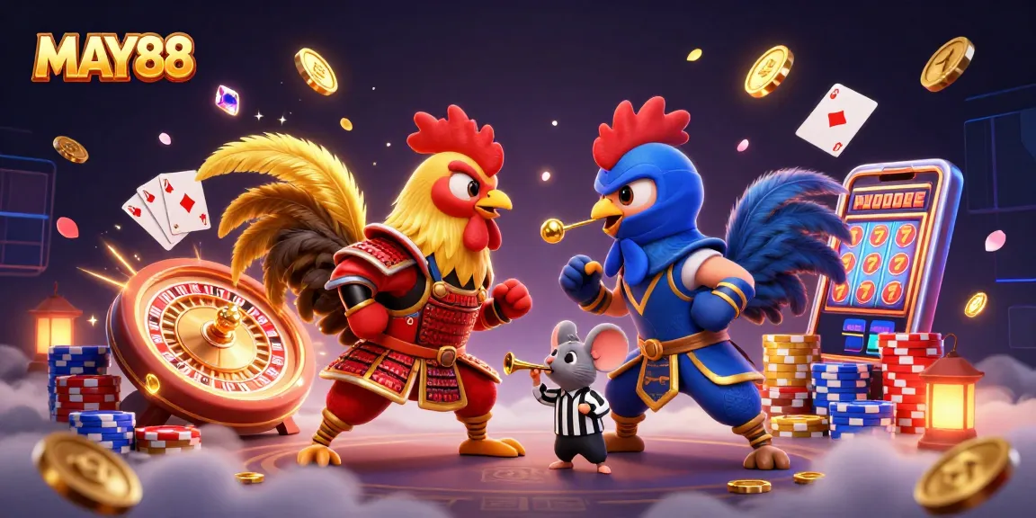 MAY88 showcases an exhilarating standoff between fighting roosters amid a vibrant casino atmosphere.
