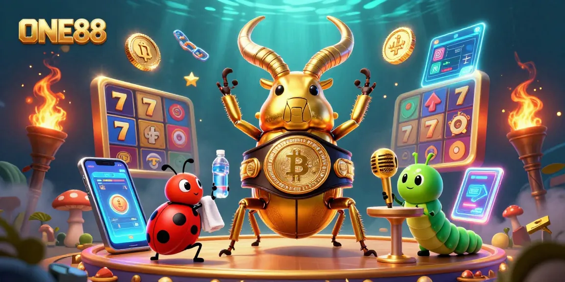 Engage with ONE88's vibrant slot game atmosphere featuring a golden stag beetle champion.