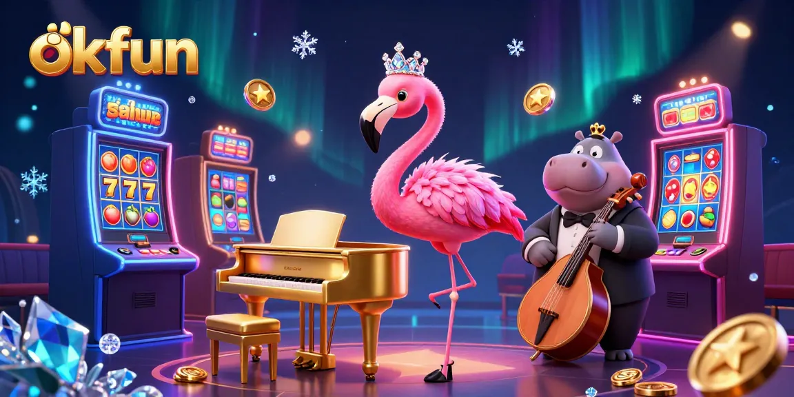 Experience excitement with okfun’s vibrant casino scene featuring a flamingo singer and hippo bassist.
