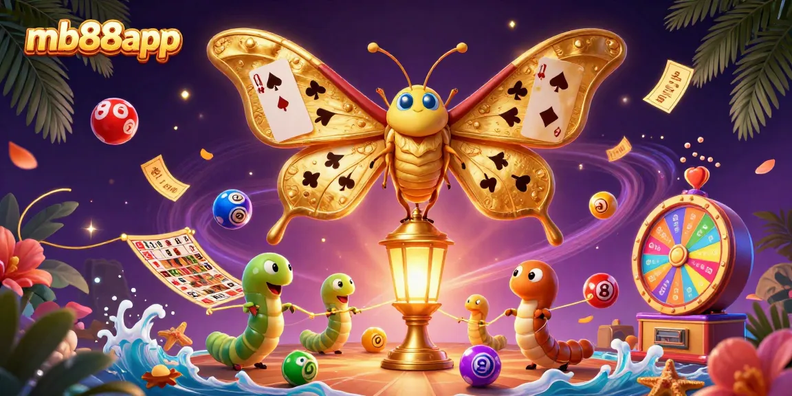Engage with mb88app's dynamic lottery-themed casino scene featuring a 3D butterfly and vibrant gaming elements.