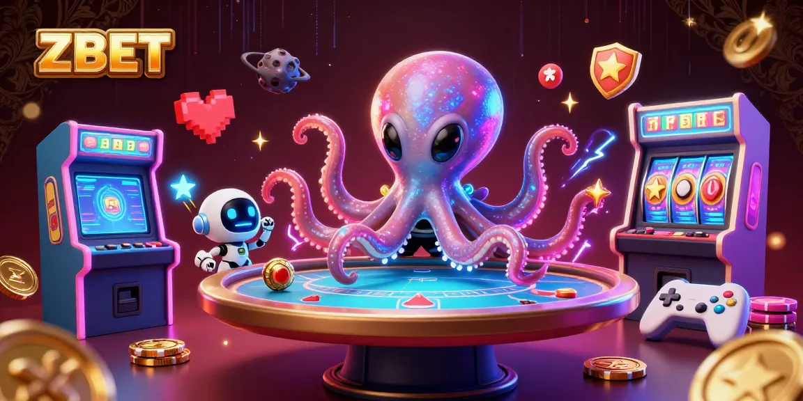 ZBET promotes thrilling poker gameplay through a vibrant 3D scene featuring an alien octopus and arcade elements.