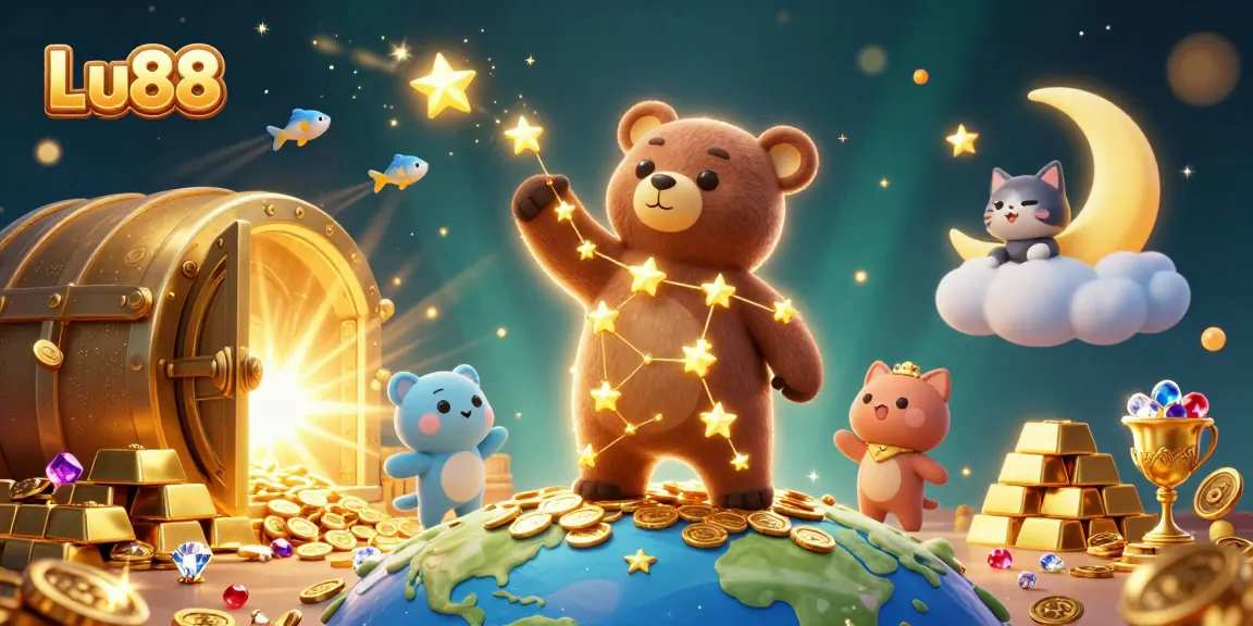 Experience thrilling wins at Lu88 as a golden constellation bear joins charming fish in a sparkling underwater casino adventure.