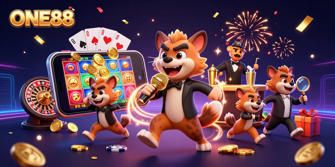 ONE88 hyenas run a comedy casino club mixing cocktails and checking IDs in a vibrant scene.