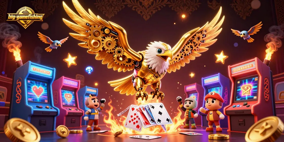 Engage in big-gamefishing as a golden eagle dives through holographic cards amidst arcade games.