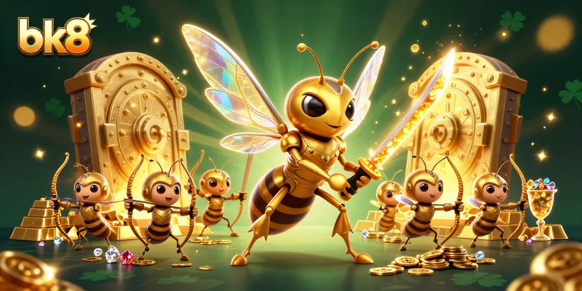 Watch the bk8 giant hornet conquer treasures in this vibrant casino-themed illustration.