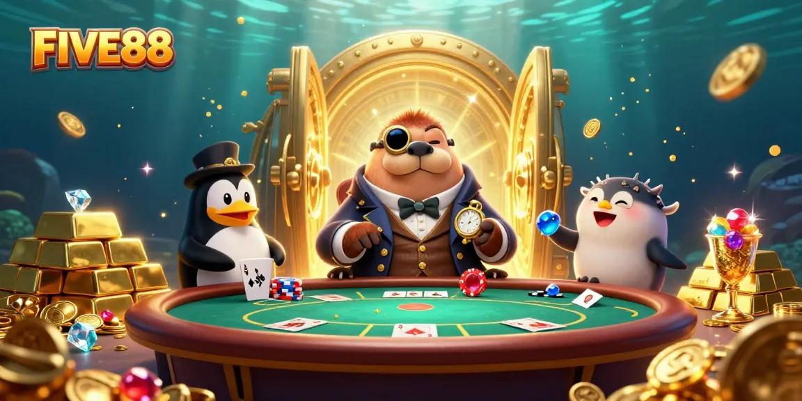 Experience the thrill of FIVE88 at a vibrant underwater poker table featuring unique characters and rich casino elements.