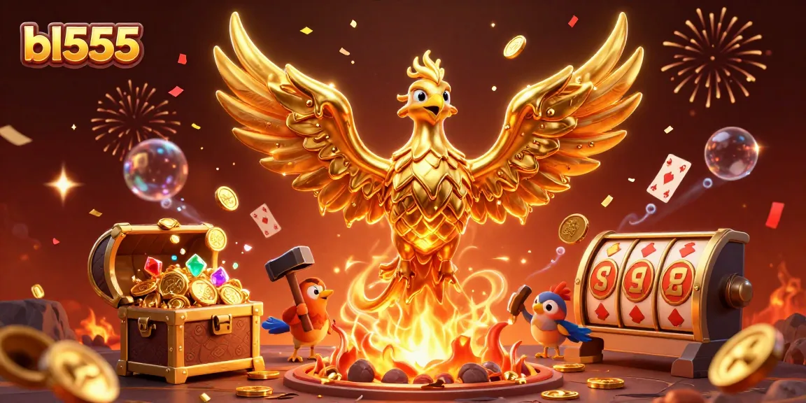 Experience the thrills of bl555 with a golden phoenix, coins, and dynamic casino elements!