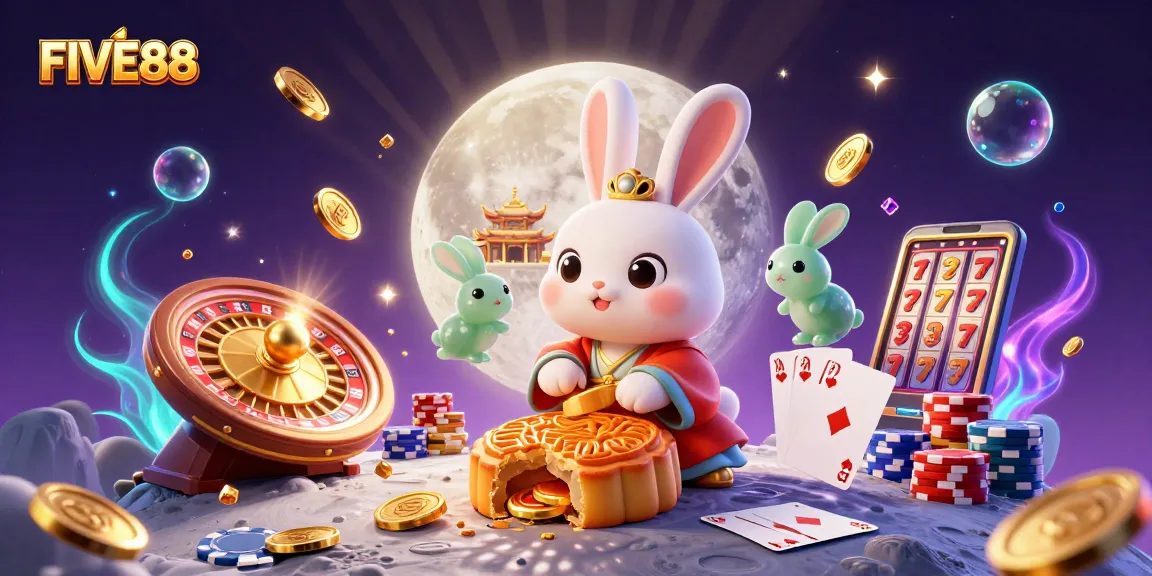 Experience winning with FIVE88's lively casino atmosphere featuring a moon rabbit and jackpot elements.