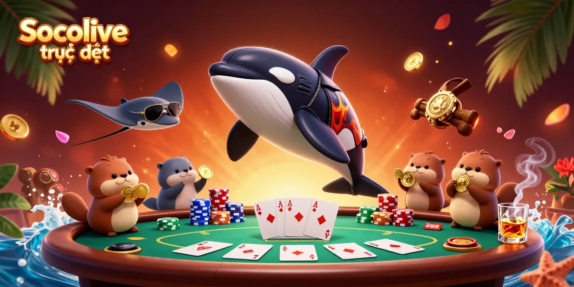 Socolive trực tiếp offers thrilling poker action with vibrant sea creatures enjoying games and golden treasures.