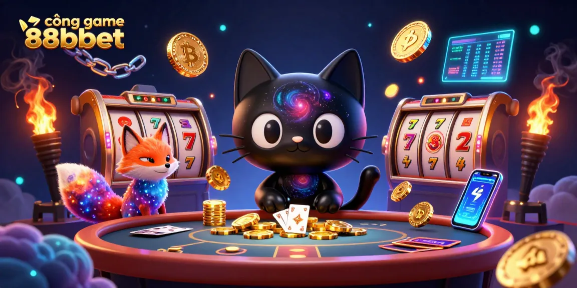 Cổng game 88bbet - hình ảnh mô tả một mèo đen vũ trụ ở sòng bài với các đồng xu Bitcoin và Ethereum.