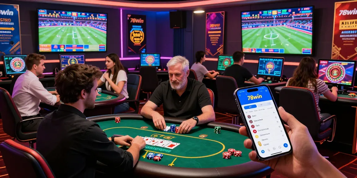 Engaging online gambling experience at 78win with players enjoying poker and sports betting in a lively casino setting.
