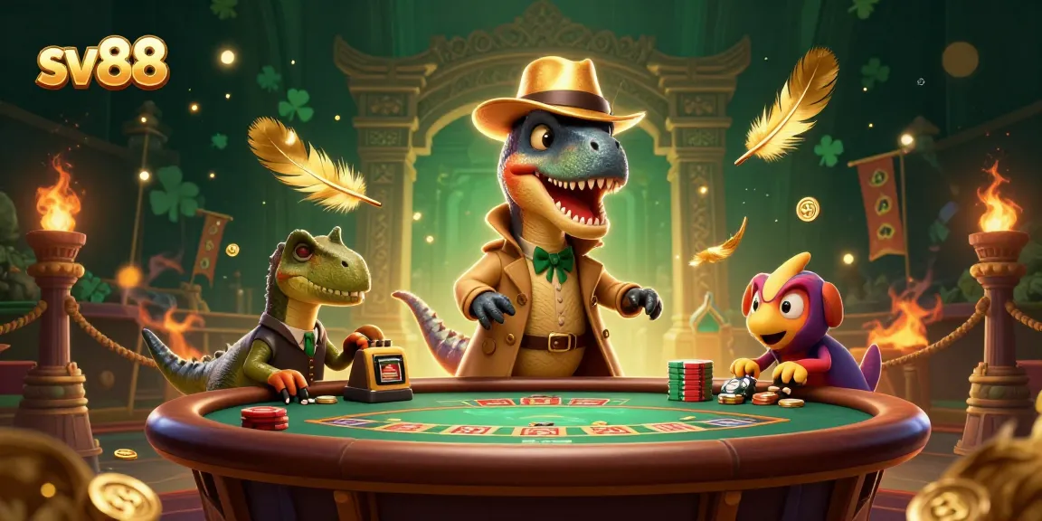 sv88 card counter in a casino scene with a dinosaur pit boss and chip thief.