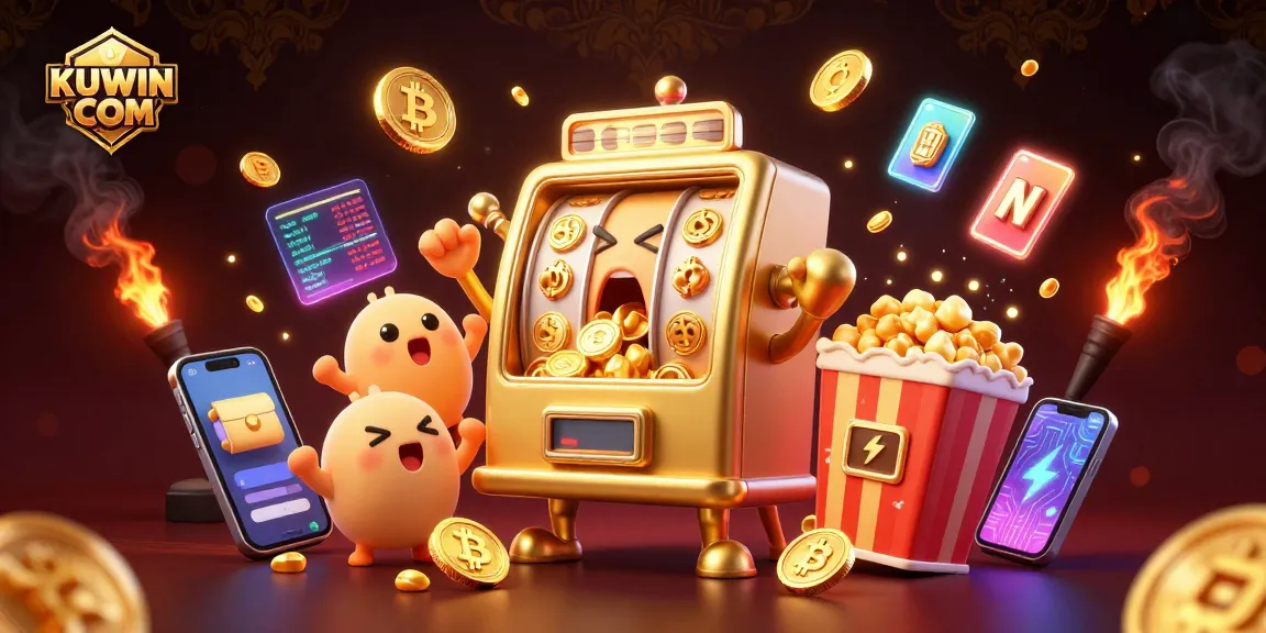 Spin to win with KUWIN COM's lively jackpot scene featuring vibrant slot machines and crypto elements.