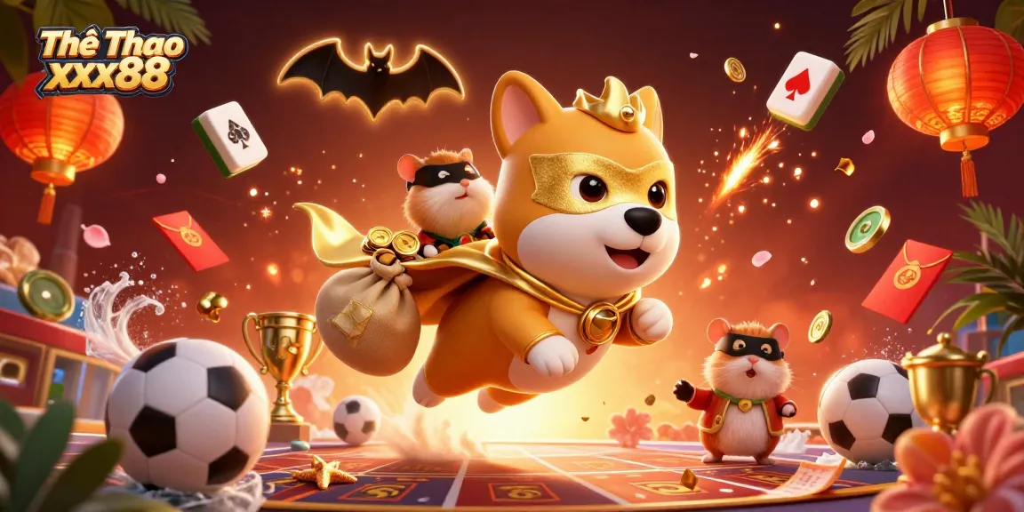 Join the adventure with Thể Thao xx88 as our superhero dog and hamster sidekick soar over dynamic sports betting excitement.