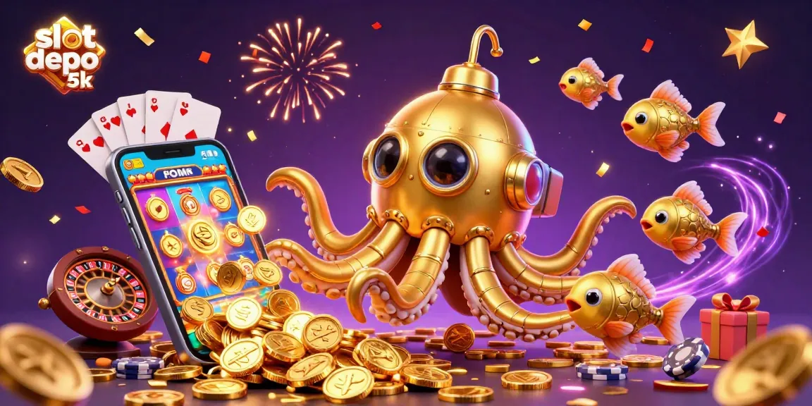 Engage in vibrant gameplay at slot depo 5k with an exciting kraken submarine amid golden coins and slot game elements.