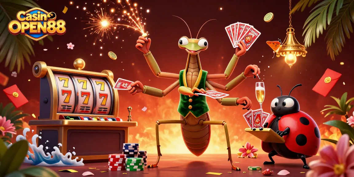 Experience the excitement of Casino OPEN88 with a vibrant scene filled with players and game elements.