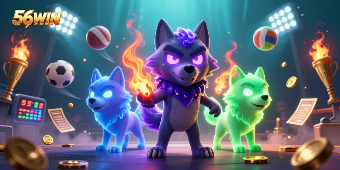 Join the excitement at 56WIN with thrilling sports betting atmosphere, vibrant ghostly wolves, and dynamic game elements.