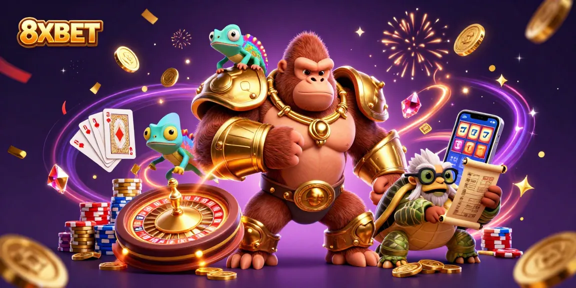 Experience excitement with 8XBET as colorful characters engage in thrilling casino games.