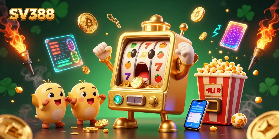 Engage with SV388's vibrant 3D casino scene featuring a golden slot machine celebrating its jackpot.