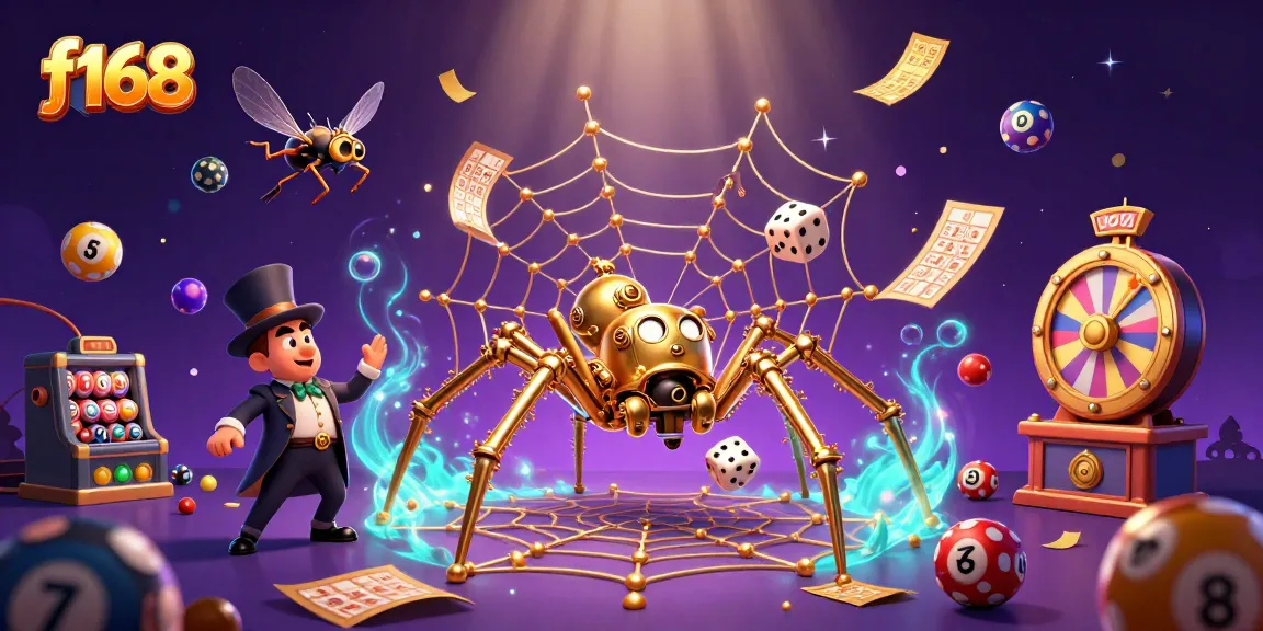 Experience thrilling gameplay with f168 featuring a golden spider, poker elements, and dynamic lottery visuals.