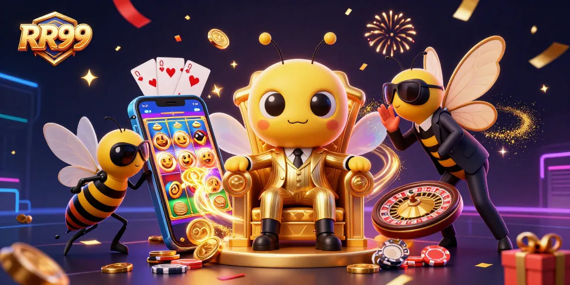Engage with RR99's dynamic gaming scene featuring a buzzing bumblebee mob boss amidst colorful casino action.
