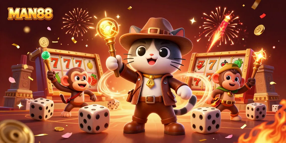 Engage with MAN88's vibrant 3D casino scene showcasing thrilling slot games and rich atmosphere.