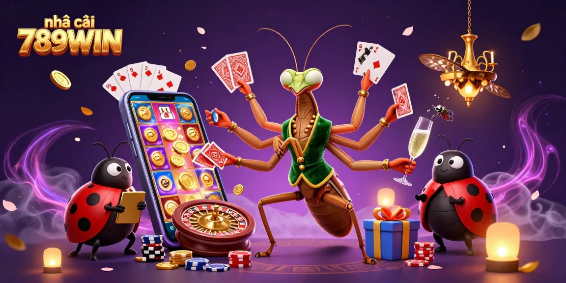 Engage with nhà cái 789WIN through a vibrant scene of a giant praying mantis card sharp, ladybug pit boss, and lively gaming elements.