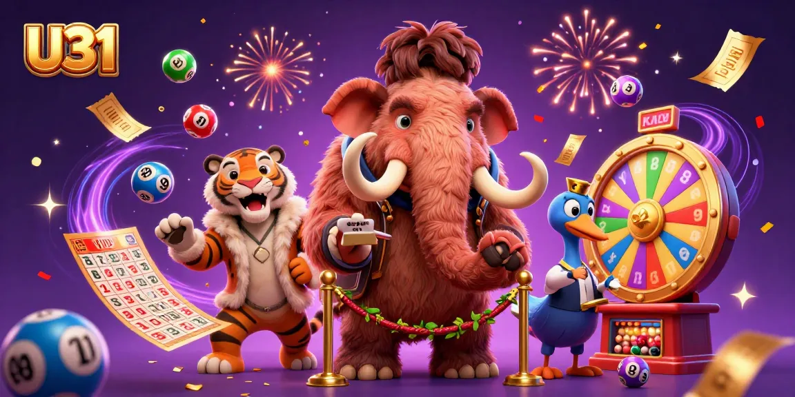 Experience the vibrant U31 casino with a woolly mammoth bouncer and saber-tooth guest amidst colorful entertainment.