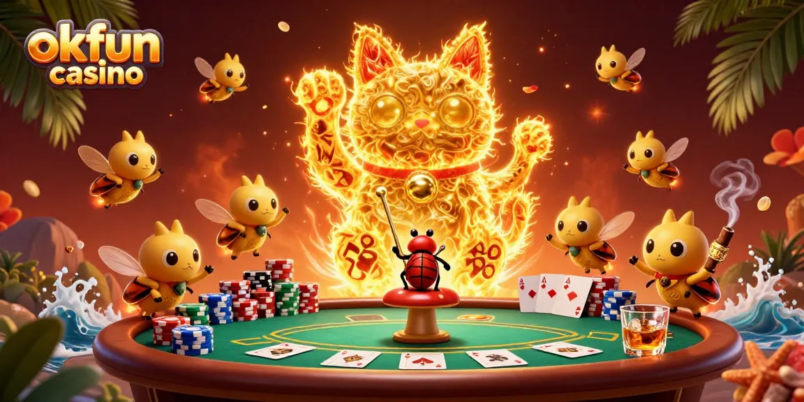A captivating illustration showcasing okfun casino with a lucky cat made of fireflies amongst dynamic poker elements.